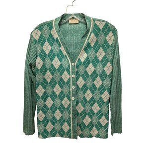 Vtg VIVO by Susan Thomas Cardigan Argyle Green White